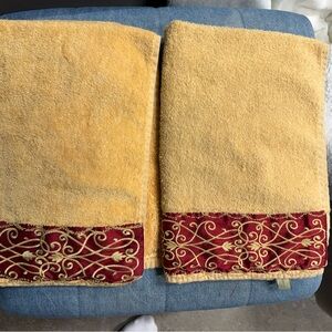 3 Elegant Gold and Red Embroidered hand  Towels